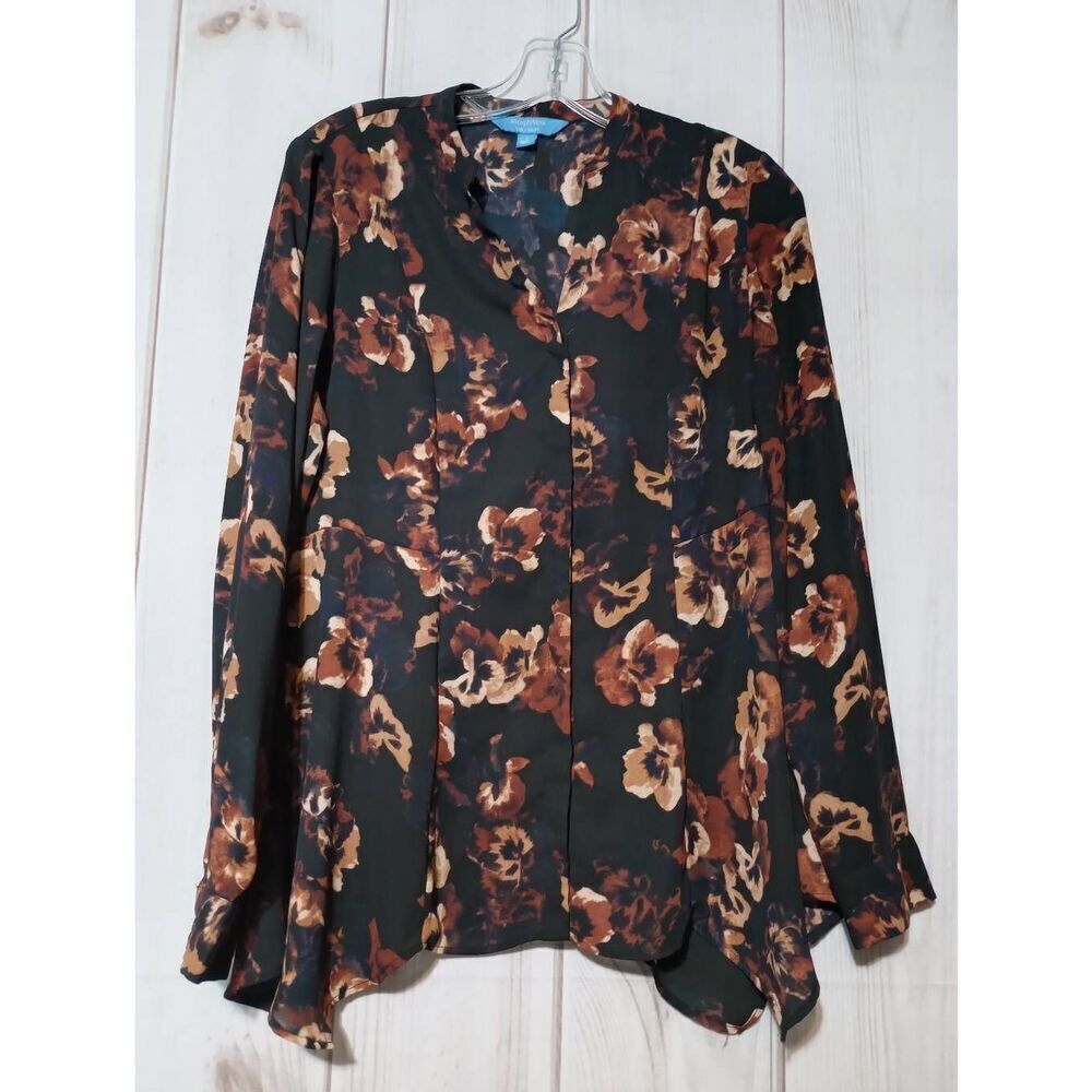 Simply Vera Wang Shirt Ladies Small‎ Black Brown Floral Button Front